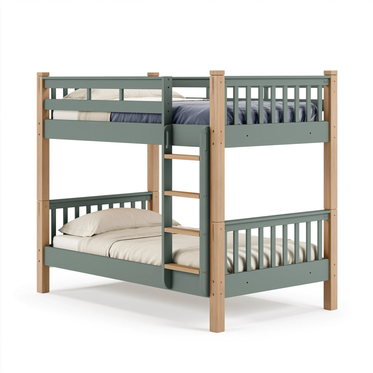 Lit superposé 200 x 90 cm en bois vert sauge et naturel avec échelle