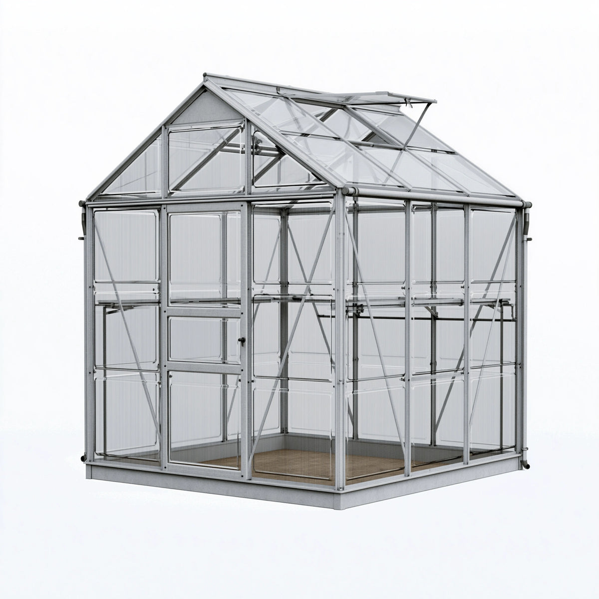 Serre de jardin 250 x 190 x 200 cm en aluminium argenté avec panneaux transparents et lucarne de toit