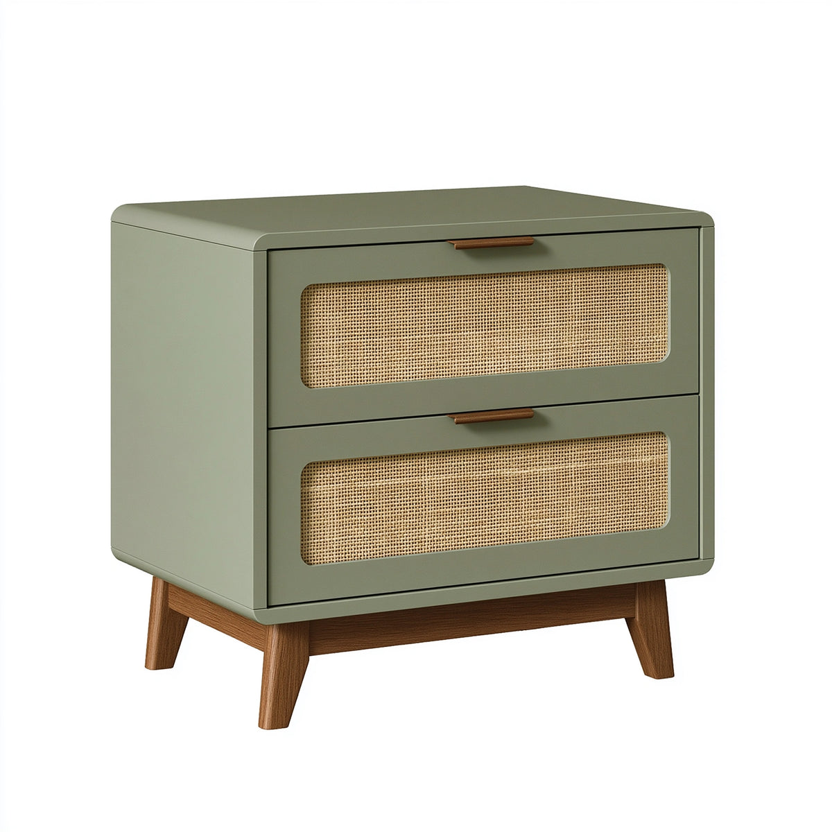 Table de chevet 60 x 40 x 65 cm en bois vert sauge avec 2 tiroirs en cannage style rétro