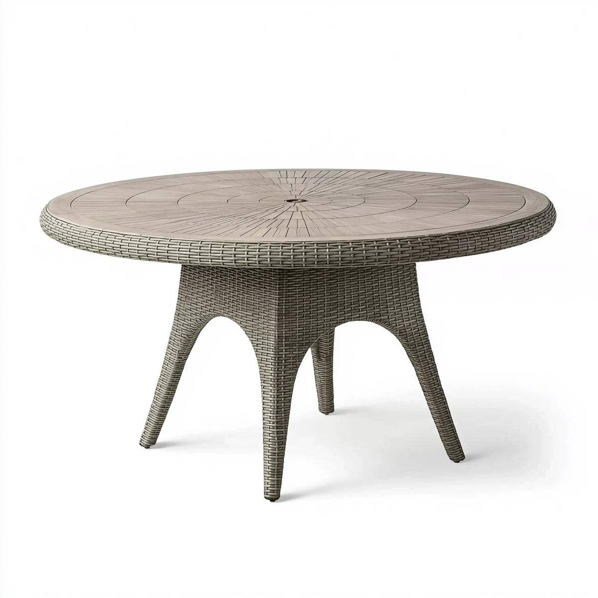 Table de jardin ronde diamètre 120 cm en résine tressée gris effet bois avec trou pour parasol