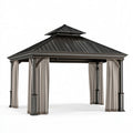 Pavillon de jardin 300 x 300 x 290 cm en métal noir avec rideaux toit rigide