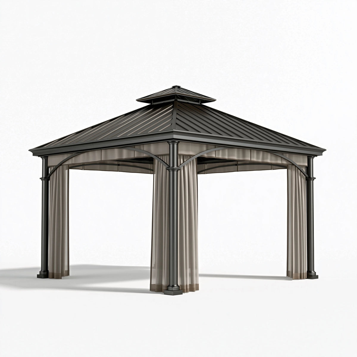 Tonnelle de jardin 300 x 300 cm en métal noir avec rideaux style pavillon extérieur