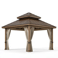 Tonnelle de jardin 400 x 400 x 320 cm en bois marron avec toit métallique et rideaux style pavillon