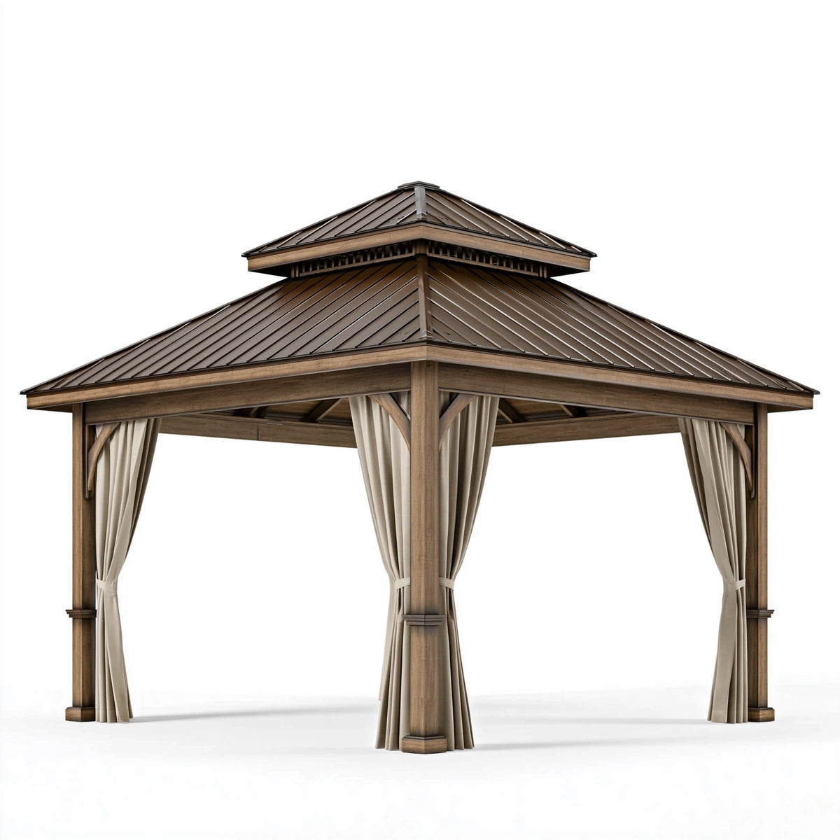 Tonnelle de jardin 400 x 400 x 320 cm en bois marron avec toit métallique et rideaux style pavillon
