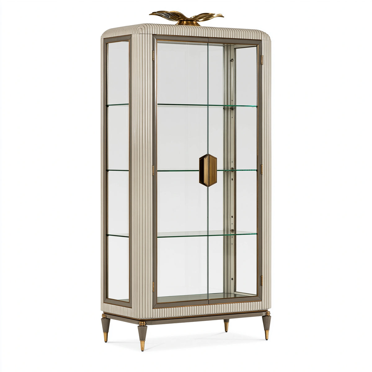 Vitrine 90 x 45 x 190 cm en verre et métal crème doré à 2 portes style Art déco